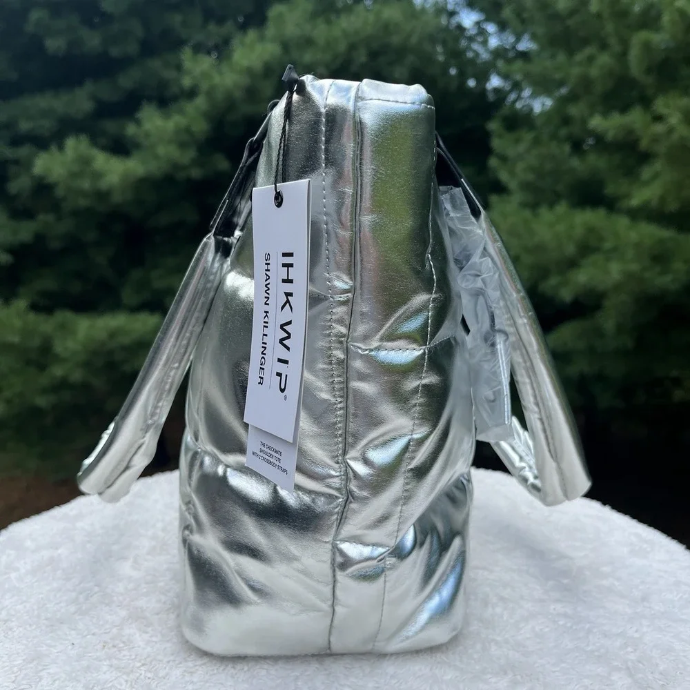 IHKWIP Checkmate Quilted Shoulder Tote 2 Crossbody Straps Silver Foil New w Tags